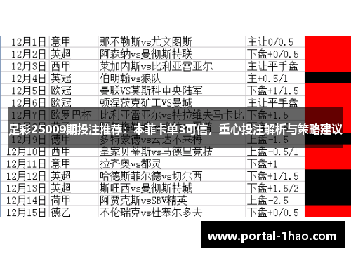 足彩25009期投注推荐：本菲卡单3可信，重心投注解析与策略建议